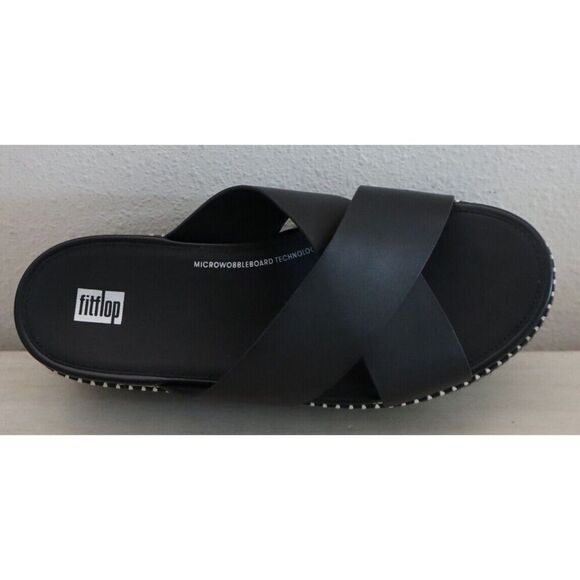 FitFlop Women's Sz 9 Black Eloise Espadrille Leather Wedge Cross Slides - Picture 9 of 15